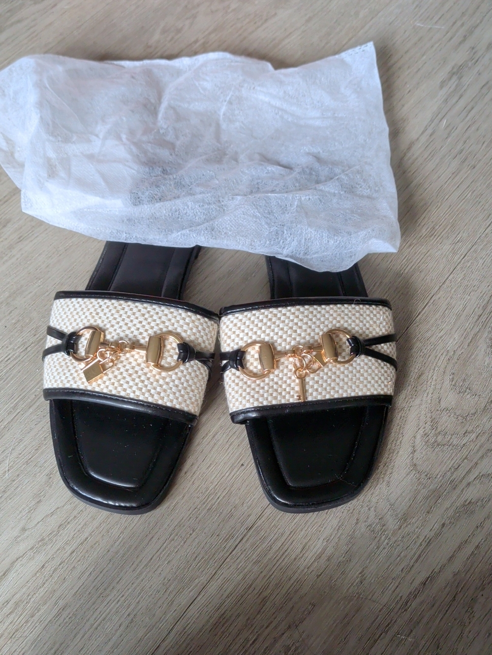 Brand New Women’s Black and Cream Slip-On Sandals with Gold Hardware